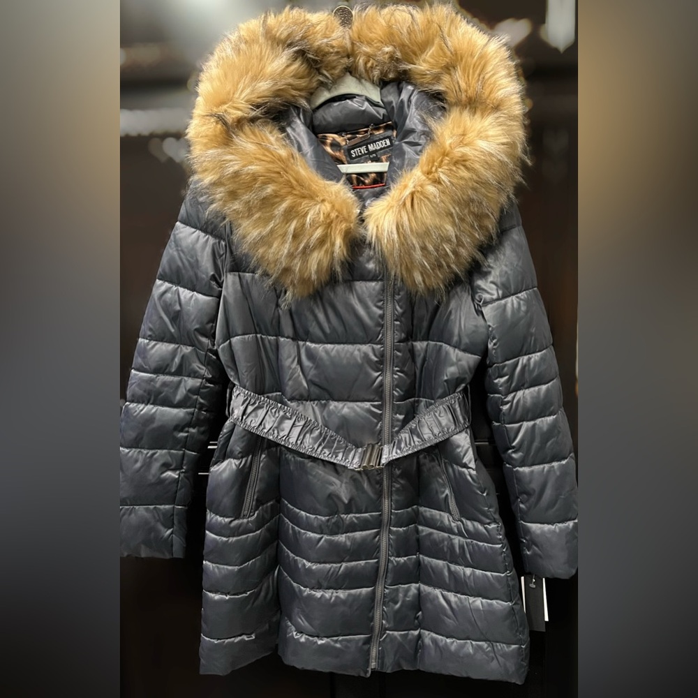 STEVE MADDEN PUFFER JACKET WITH FAUX FUR TRIMMED HOOD NWT